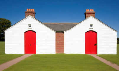Fototapeta premium Charming Historic Buildings with Bright Red Doors Surrounded by Lush Green Grass Under a Clear Blue Sky Captivating Architectural Elements and Design