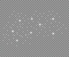 Dust white. White sparks and golden stars shine with special light. Vector sparkles on a transparent background