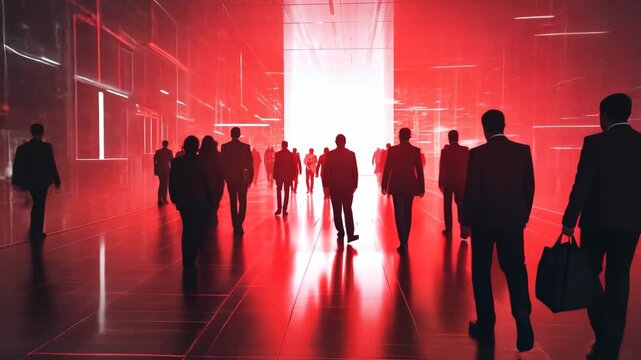 Futuristic Business Crowd Walking Towards a Bright Digital Gateway in a Red Cybernetic Environment, Representing Technology, Progress, and Innovation