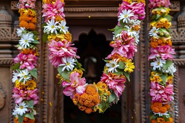 close-up shot of a colorful and intricate flower garland toran hanging in a doorway for an Indian Hindu holiday or wedding celebration.