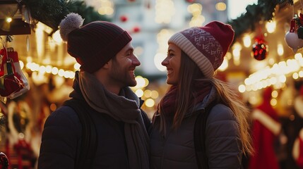 In the photo, a happy young couple stands against the backdrop of bright Christmas jewelry on the street. They look at each other with smiles, creating an atmosphere of comfort and romance.