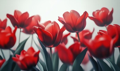 Vibrant red tulips arranged elegantly against a soft white background, their bold petals capturing the essence of springtime beauty.
