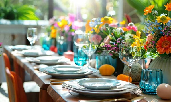 A festive Easter table setting with bright colors