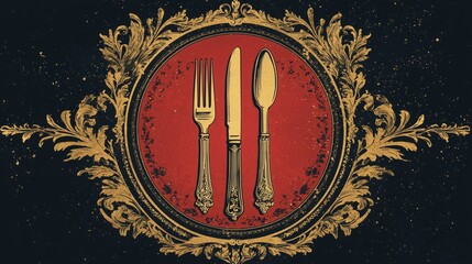 A sophisticated logo for a fine dining restaurant, incorporating an elegant fork and knife design inside a circular badge, with deep red and gold accents for a premium feel