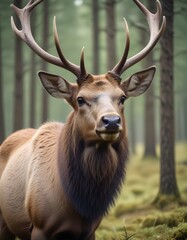 Obraz premium Close up portrait of a young male elk showcasing velvety antlers and fine fur texture in the forest