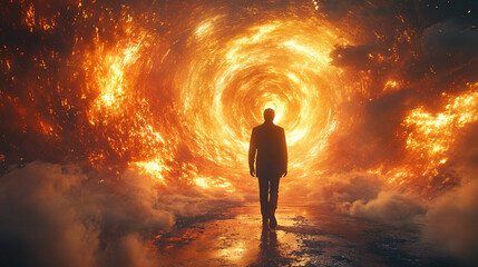 Explore the thrilling moment of a time traveler stepping through a swirling vortex, perfect for sci-fi projects, movie promotions, and adventure-themed events.