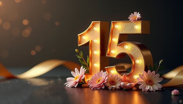 Illuminated number fifteen with flowers and decorative ribbon in an elegant setting for special occasion