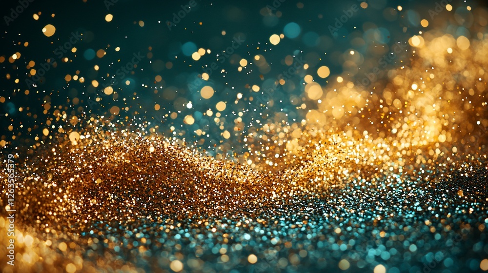 Poster glittering gold and teal particles swirl; dark background; abstract festive design