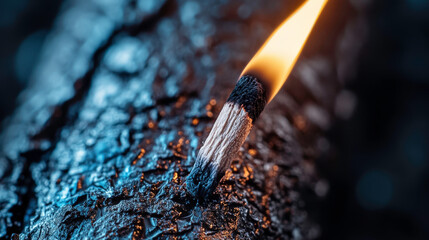 Close-Up of a Matchstick Burning on Charred Wood with a Dramatic Flame and Textured Background, Capturing the Dynamics of Fire and Nature