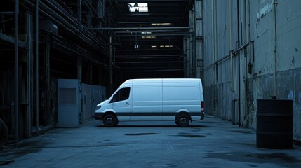 White van parked in a dark industrial alleyway.