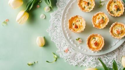 A spring-inspired food styling featuring mini Easter quiches, fresh tulips, and a delicate lace tablecloth, isolated on a soft green backdrop