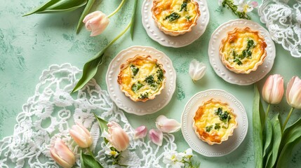 A spring-inspired food styling featuring mini Easter quiches, fresh tulips, and a delicate lace tablecloth, isolated on a soft green backdrop