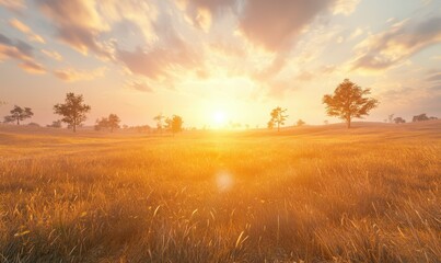 Obraz premium Warm golden sunset casting a soft glow across the open savannah, with scattered trees in the distance.