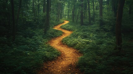 Obraz premium Winding Forest Path in Misty Woods. Possible use Stock photo for nature, adventure, or travel themes
