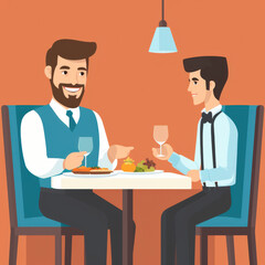 Two Men Enjoying Dinner Together in a Cozy Restaurant Setting with Plates of Food and Glasses of Wine on a Romantic Evening