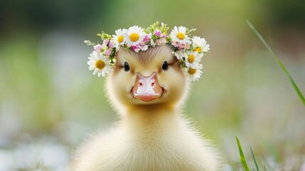 adorable duckling close-up wearing a small floral wreath on head made of spring flowers such as daisies