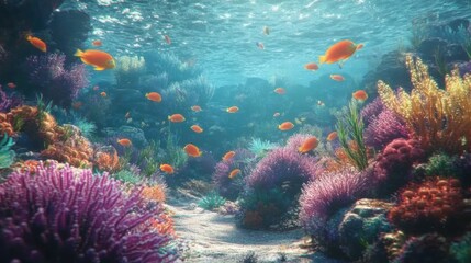 Naklejka premium School of Tropical Fish Swimming Among Sea Anemones - Image 3: A Captivating Underwater Scene