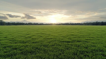 Obraz premium Vast grassy field at sunset with mountains in the background. Possible use Nature background, peaceful scenery