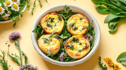 A visually appealing gourmet shot of mini Easter quiches served in an elegant white bowl, surrounded by fresh herbs and edible flowers, against a soft yellow background