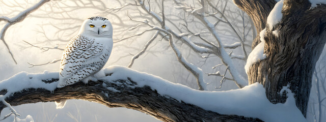 A snowy owl perched on the branch of an old tree
