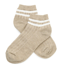Pair of soft socks isolated on white, top view