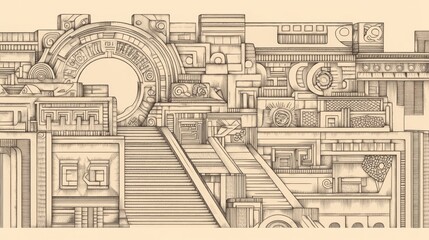Fototapeta premium Abstract architectural drawing of a stylized Mayan-inspired city