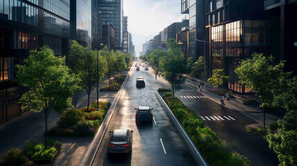 Moderne Stadt mit viel Gr&uuml;n bei Sonnenaufgang

