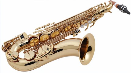 Obraz premium Gold alto saxophone, isolated, music instrument, white background, studio shot, jazz