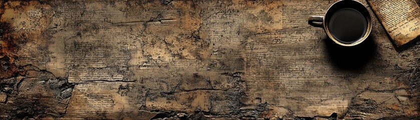 Obraz premium Coffee, old book, wood texture background. Cozy, rustic scene