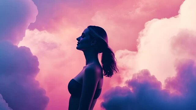 Woman standing in a dreamy sunset scene with soft clouds. High quality 4k footage