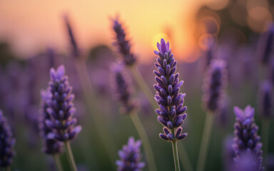 Fototapeta premium Lavender flowers blooming at sunset