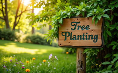 Tree planting sign in lush green garden