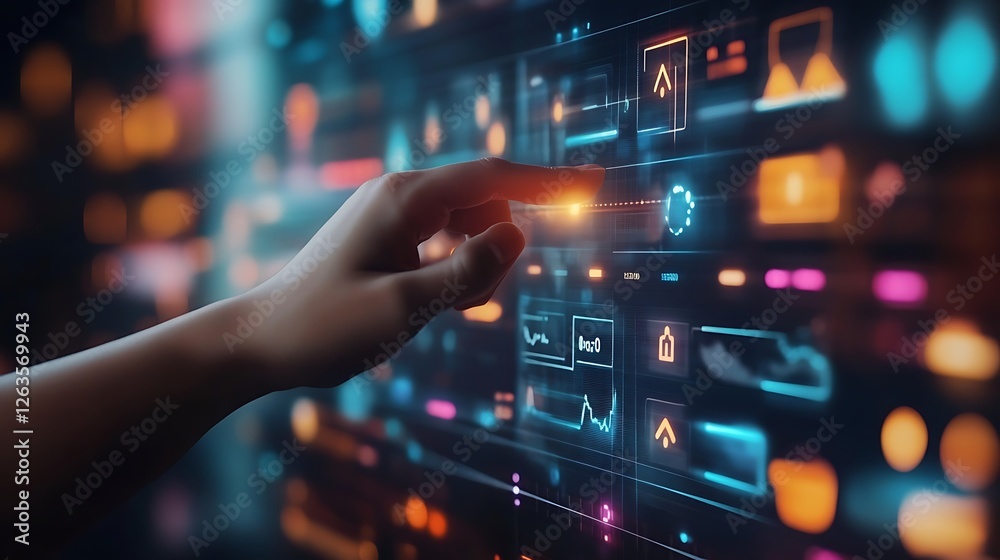 Aufkleber hand interacting with futuristic holographic interface displaying data charts and graphs.