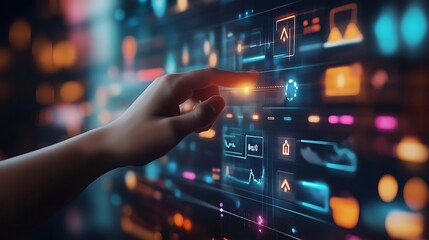 Hand interacting with futuristic holographic interface displaying data charts and graphs.