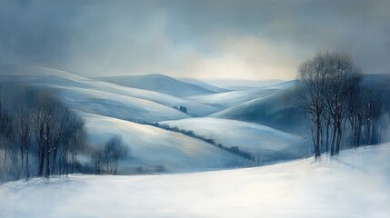 Fototapeta premium Winter landscape, snow-covered hills, serene scene, painting