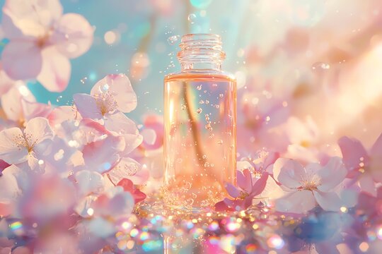 Ethereal color-blending herbal elixir, rainbow prism effects, delicate flower petals, ethereal mist, magical bubbles