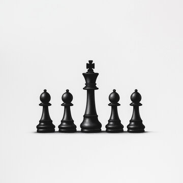 Schachbrett mit schwarzen Figuren, fokussiert auf K&ouml;nig und Bauern

