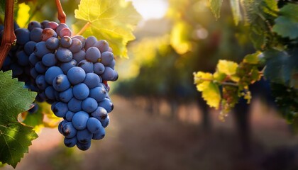bunches of fresh dark blue grapes on the vine during the ripening period with space for text