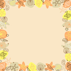 Colorful square frame made of shells and sea stars, hand drawn in cartoon style.
