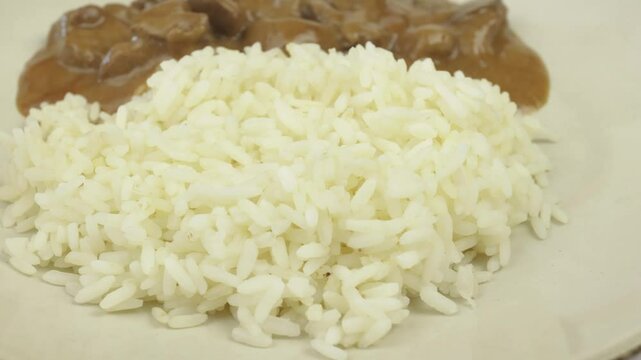 rognons de boeuf en sauce et riz dans une assiette