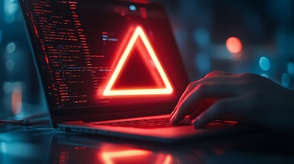 Hacker typing code on laptop with warning triangle.