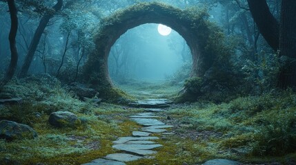 Mystical forest path, moonlit archway, leading to unknown