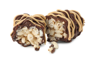 Pieces of delicious chocolate puffed rice bar isolated on white