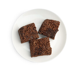 Delicious chocolate puffed rice bars isolated on white, top view