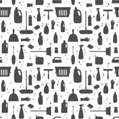 Cleaning supplies silhouette monochrome seamless Pattern. Household tools for home office cleaning. Black minimalist simple cleanup items Background. Template for package, wrapping, print, banner