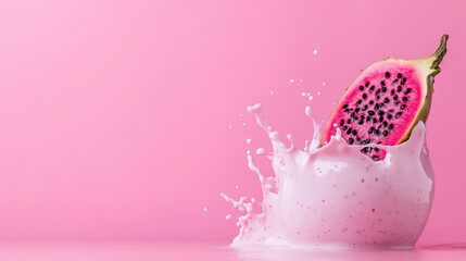 Vibrant Pink Splash with Juicy Dragon Fruit Slice Captured in Detail Against a Soft Pink Background for Freshness and Vitality Themes