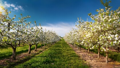 springtime apple orchard at the peak of bloom