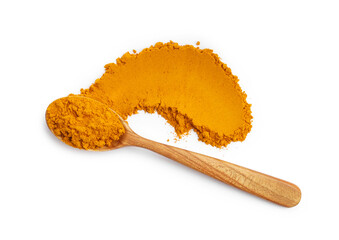 Turmeric powder and spoon isolated on white, top view