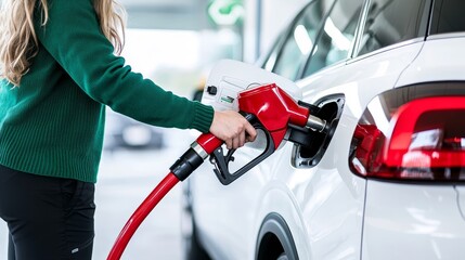 Woman Refueling Vehicle at Gas Station with Fuel Pump in Hand