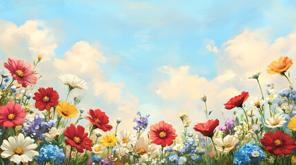 Colorful Wildflowers in a Field Under Blue Sky Background